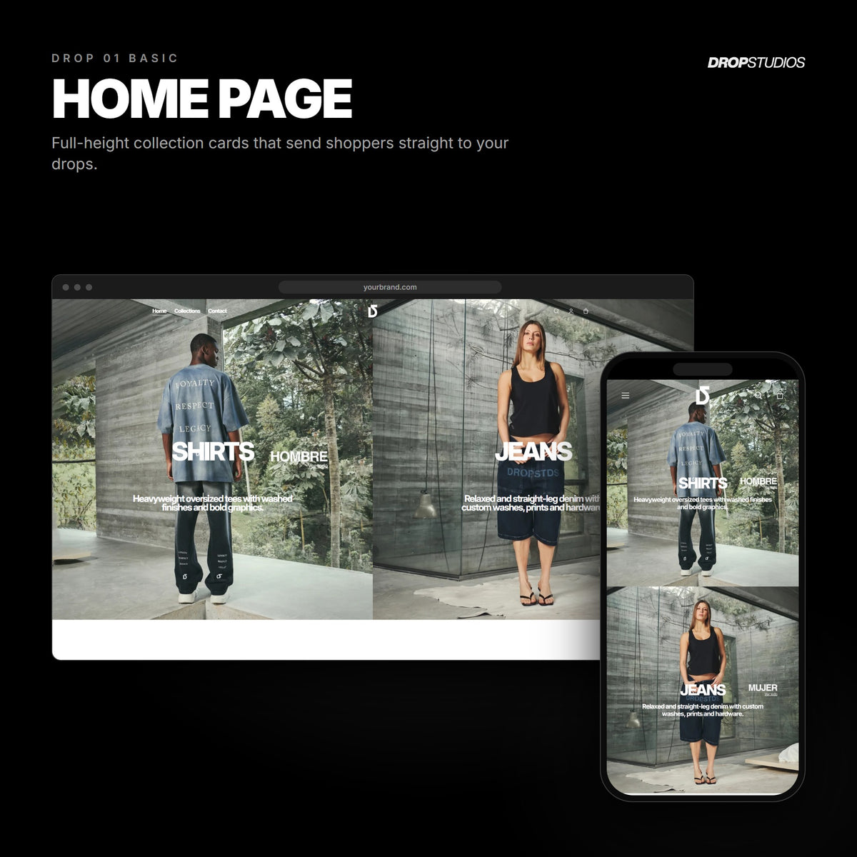 Drop 01 Basic · Home page on desktop and mobile