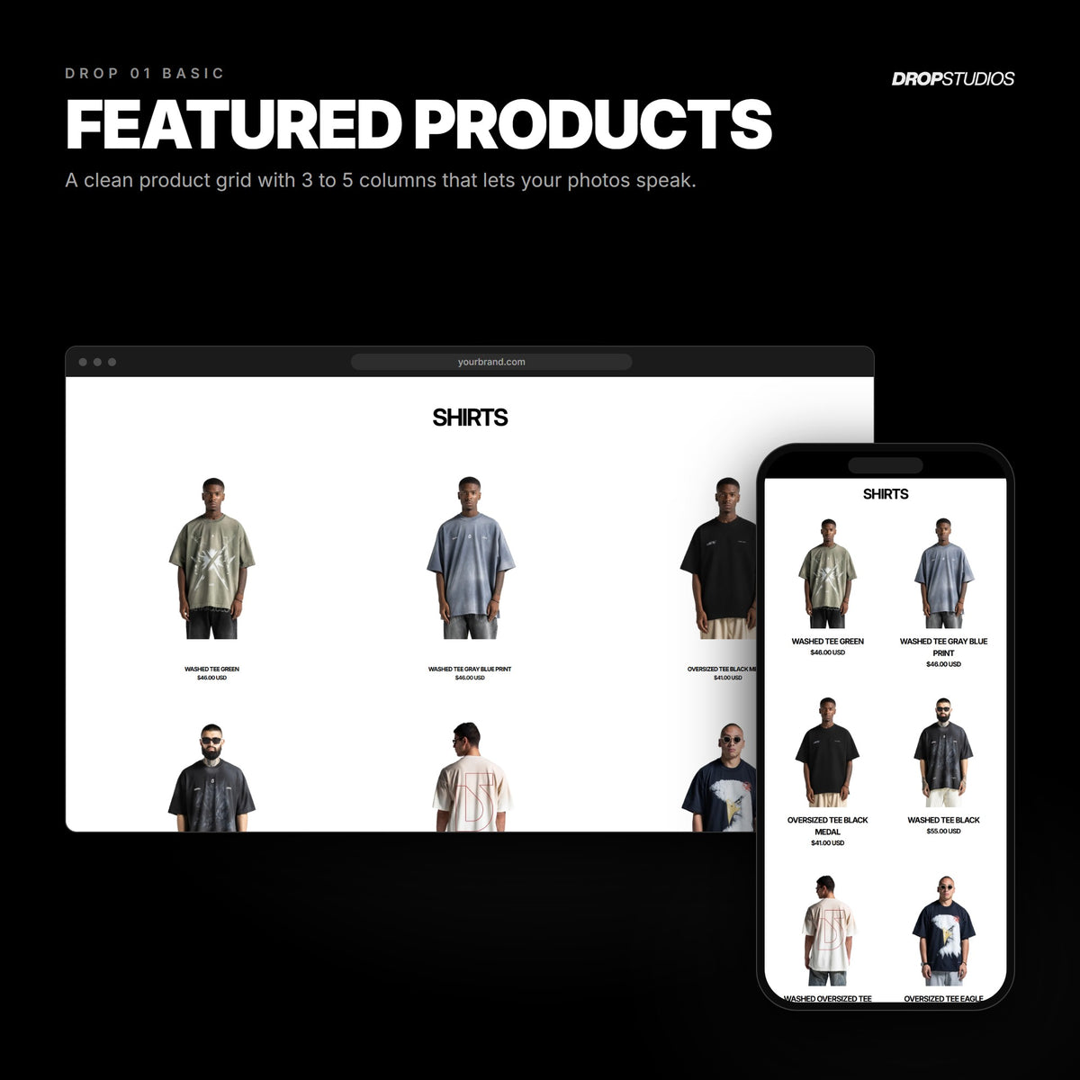Drop 01 Basic · Featured products on desktop and mobile