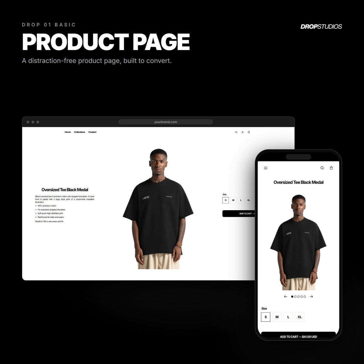 Drop 01 Basic · Product page on desktop and mobile