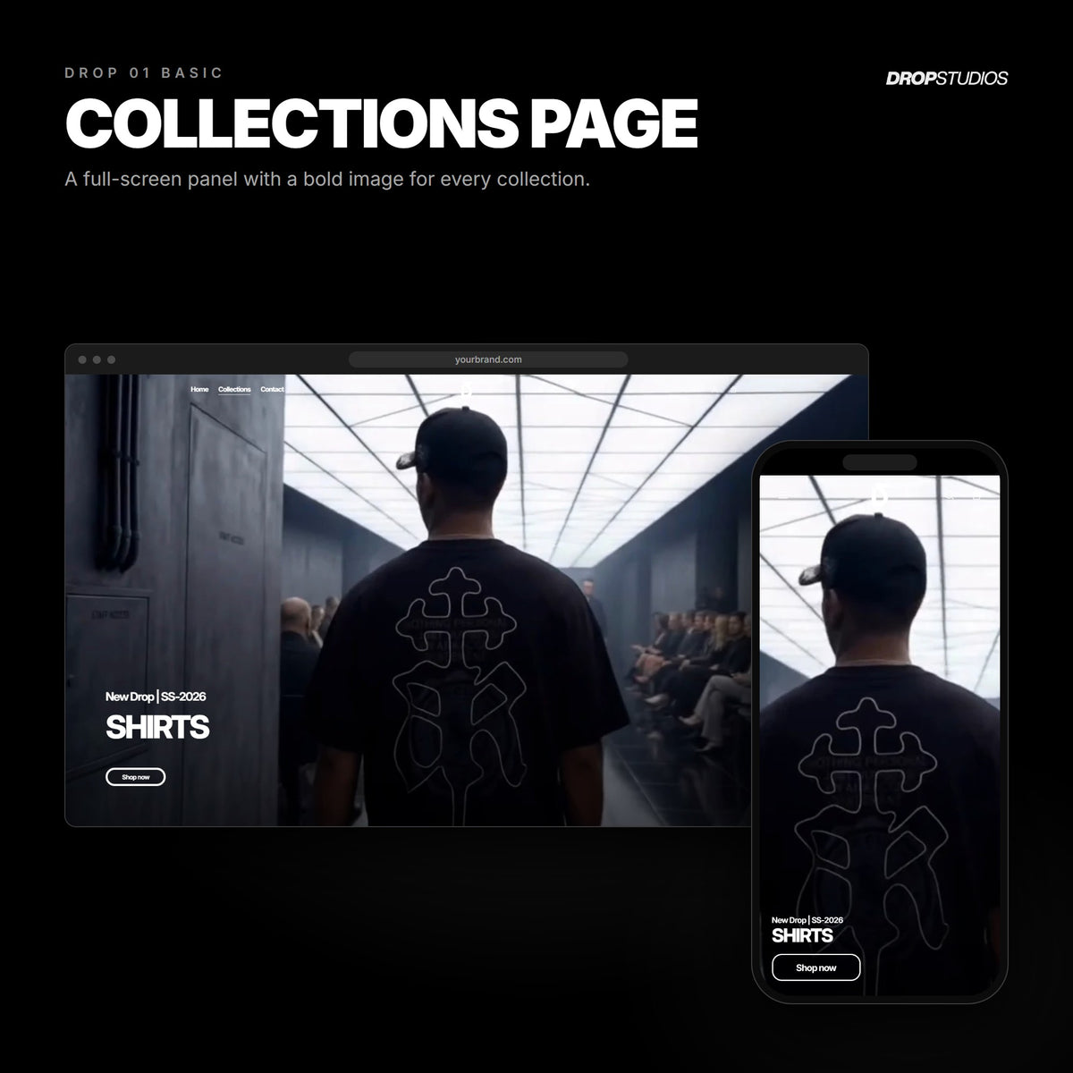 Drop 01 Basic · Collections page on desktop and mobile