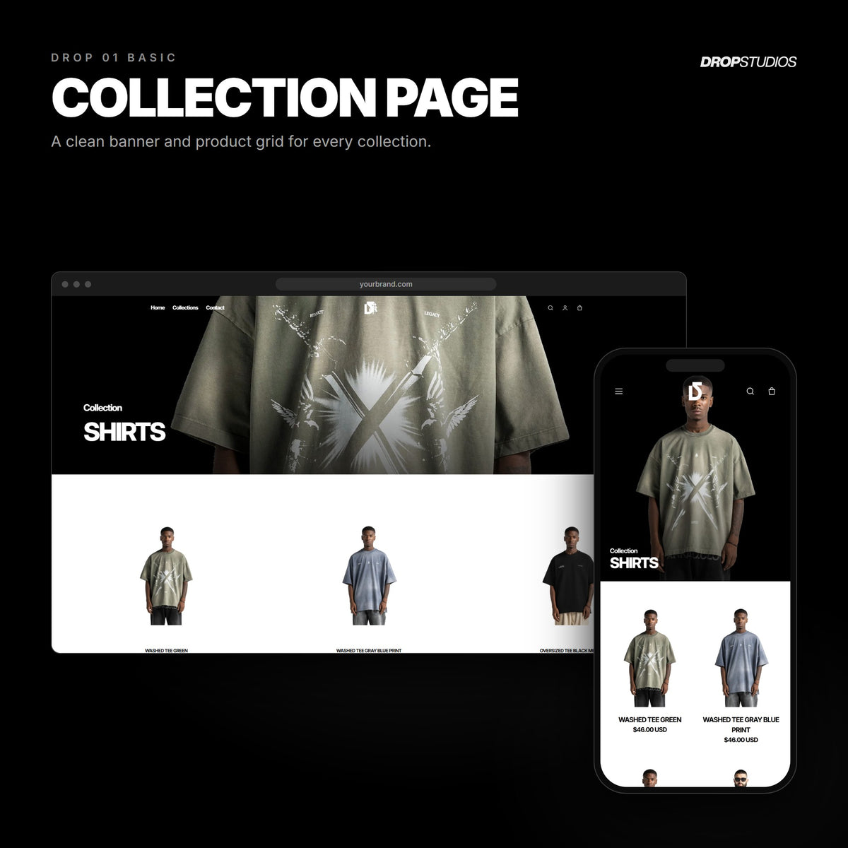 Drop 01 Basic · Collection page on desktop and mobile