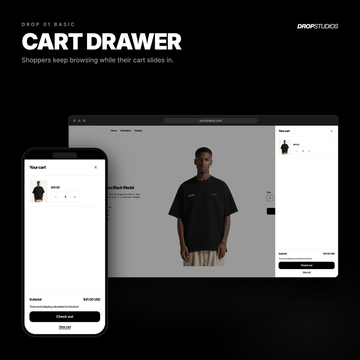 Drop 01 Basic · Cart drawer on desktop and mobile