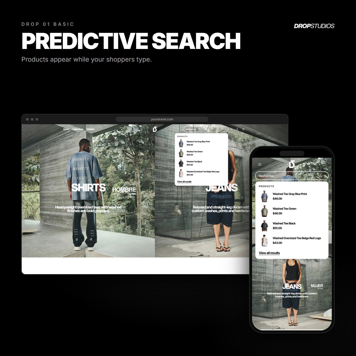 Drop 01 Basic · Predictive search on desktop and mobile