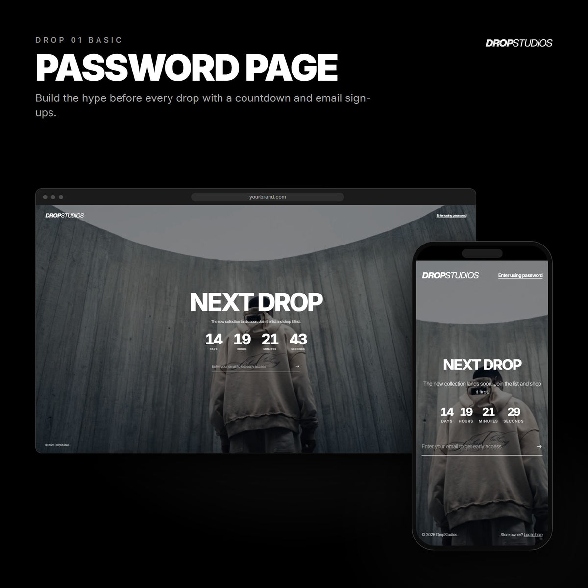 Drop 01 Basic · Password page on desktop and mobile