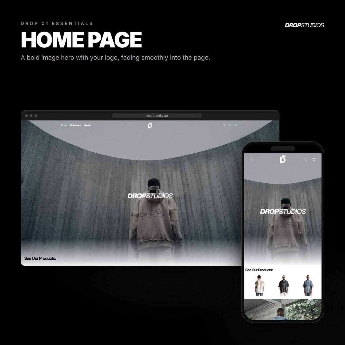 Drop 01 Essentials · Home page on desktop and mobile