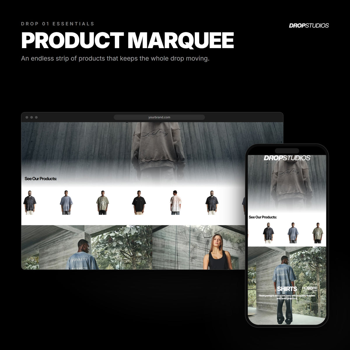 Drop 01 Essentials · Product marquee on desktop and mobile