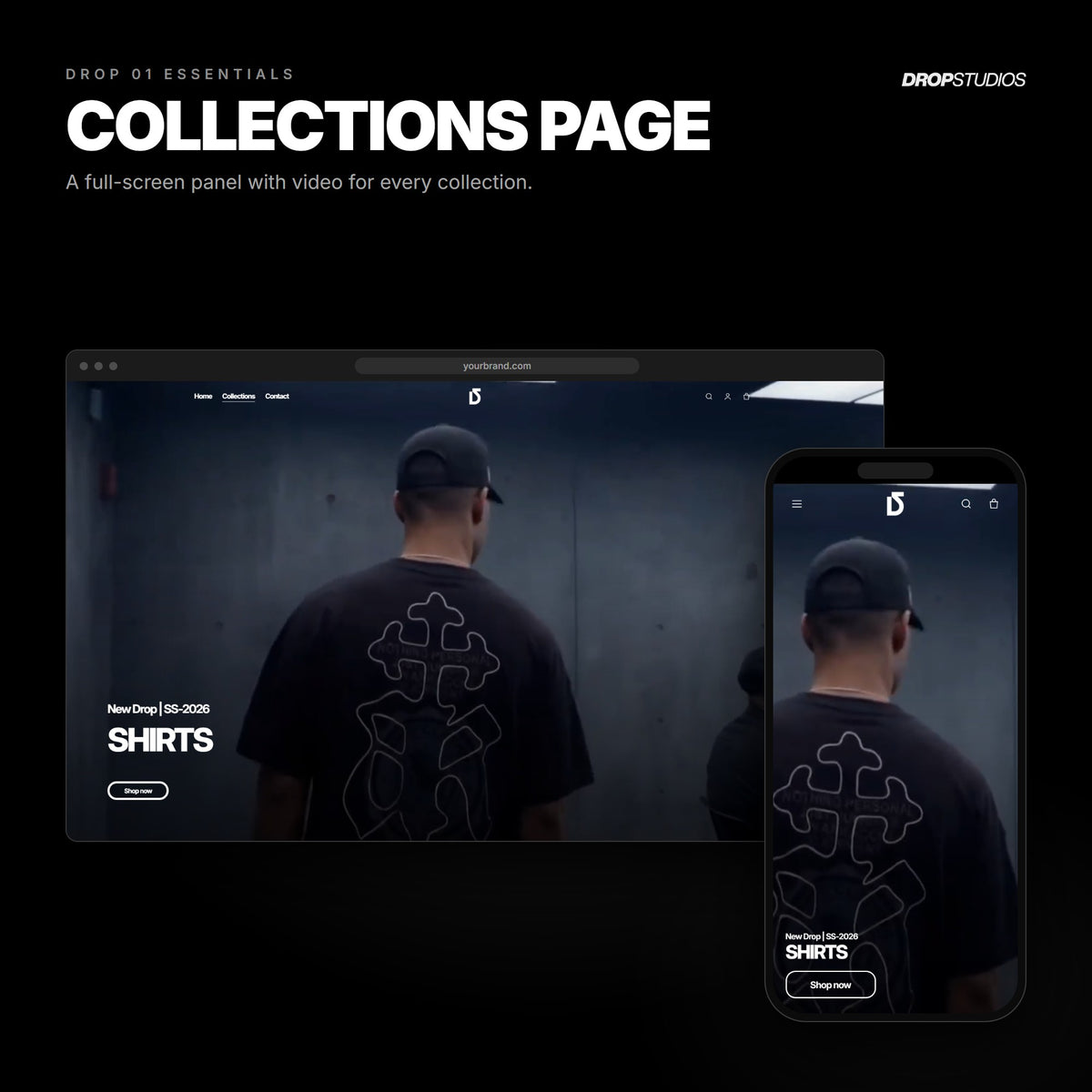 Drop 01 Essentials · Collections page on desktop and mobile