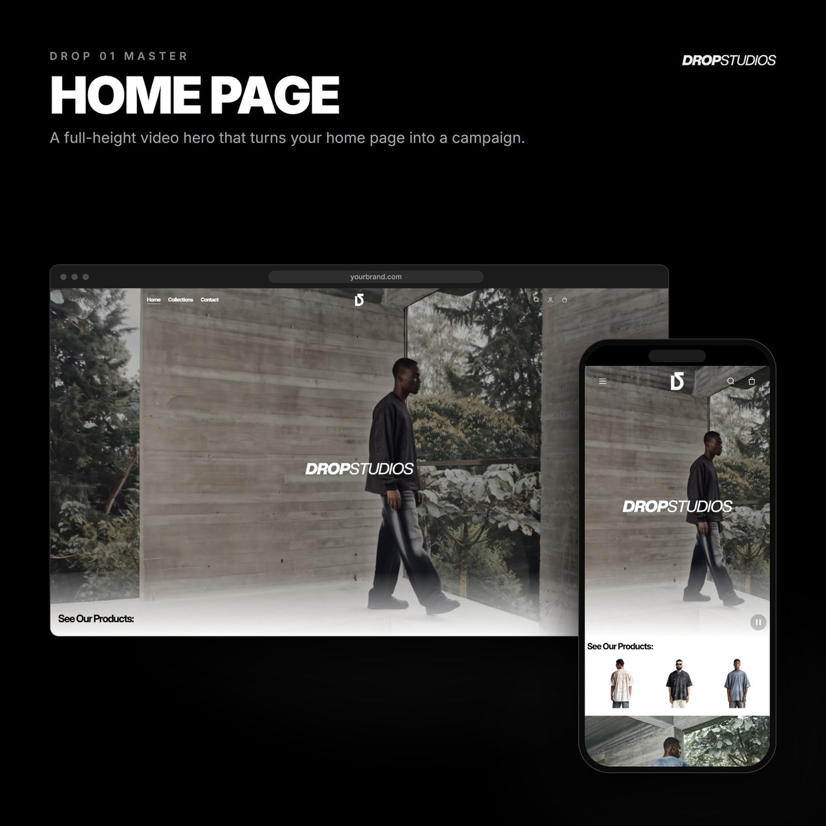 Drop 01 Master · Home page on desktop and mobile