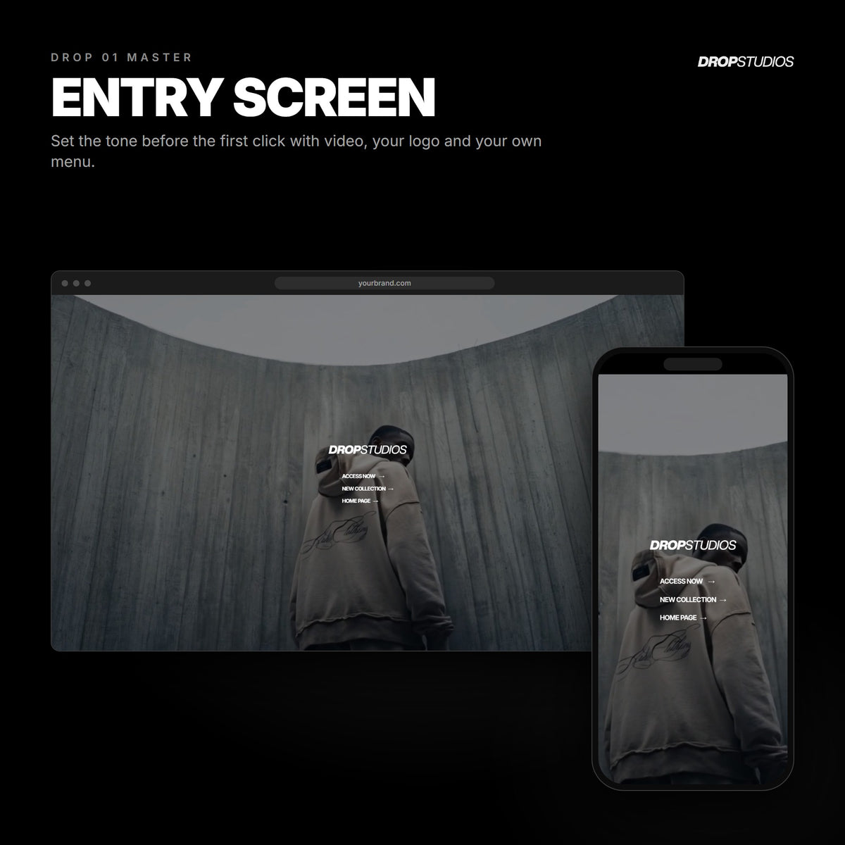Drop 01 Master · Entry screen on desktop and mobile
