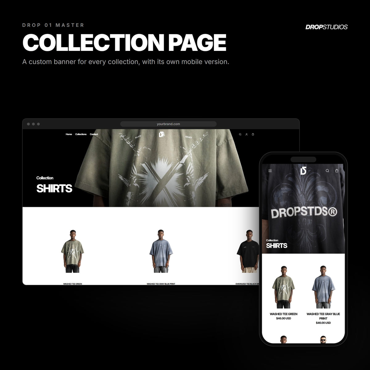 Drop 01 Master · Collection page on desktop and mobile